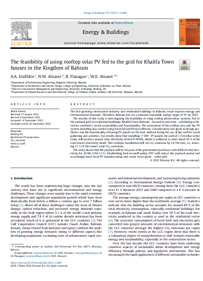 The feasibility of using rooftop solar PV fed to the grid for Khalifa Town houses in the Kingdom of Bahrain