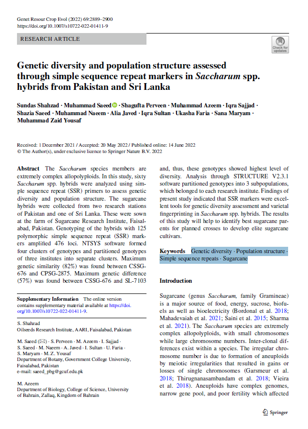 Genetic diversity and population structure assessed through simple sequence repeat markers in Saccharum spp. hybrids from Pakistan and Sri Lanka