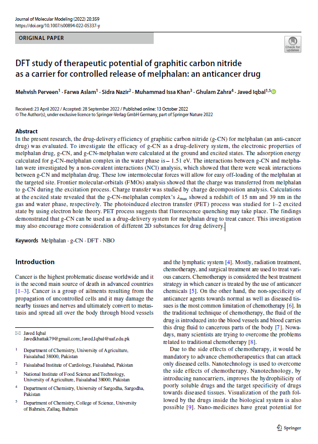 DFT study of therapeutic potential of graphitic carbon nitride as a carrier for controlled release of melphalan: an anticancer drug