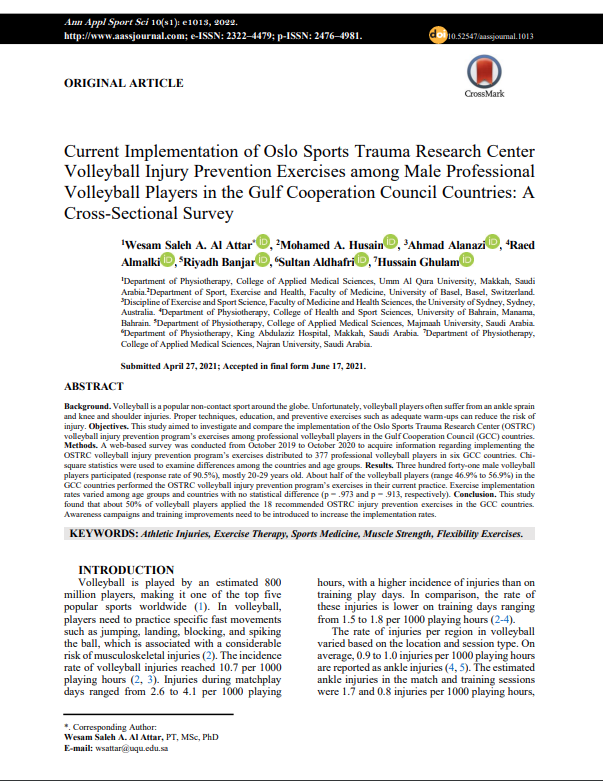 Current Implementation of Oslo Sports Trauma Research Center Volleyball Injury Prevention Exercises among Male Professional Volleyball Players in the Gulf Cooperation Council Countries: A Cross-Sectional Survey