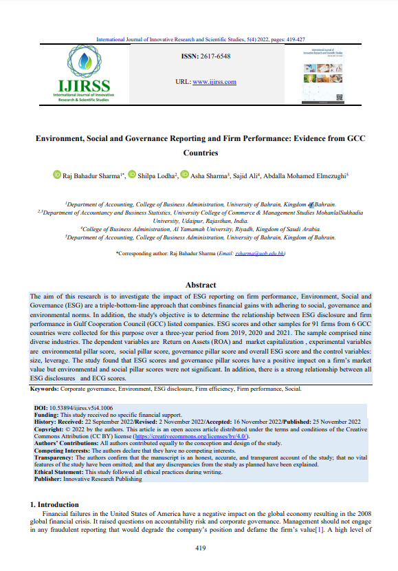 Environment, Social and Governance Reporting and Firm Performance: Evidence from GCC Countries