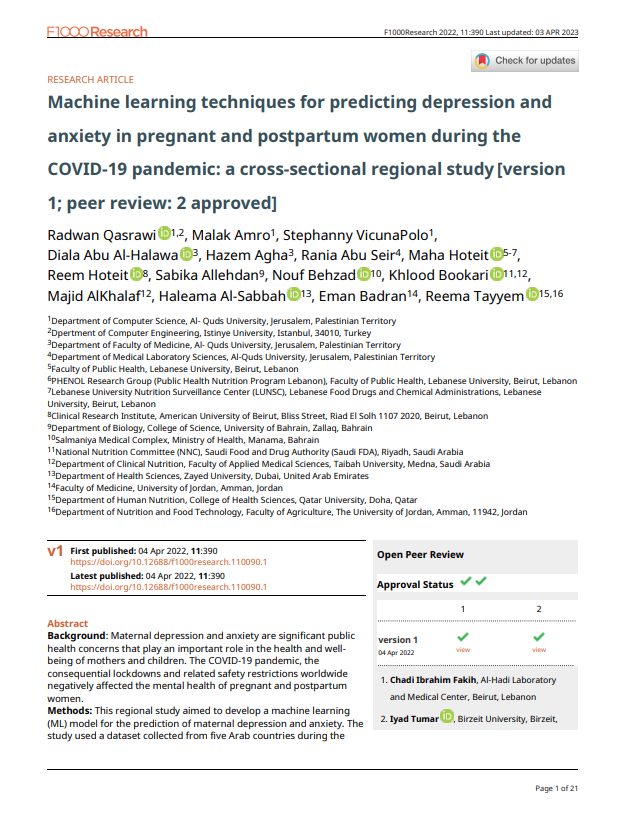 Machine learning techniques for predicting depression and anxiety in pregnant and postpartum women during the COVID-19 pandemic: a cross-sectional regional study [version 1; peer review: 2 approved]
