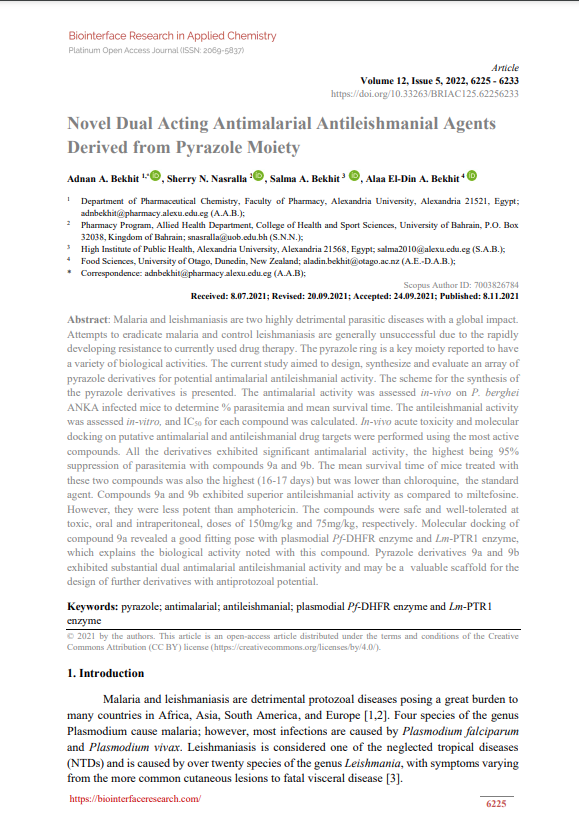 Novel Dual Acting Antimalarial Antileishmanial Agents Derived from Pyrazole Moiety