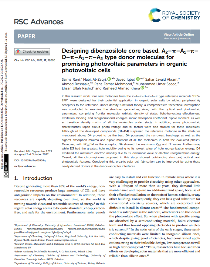 Designing dibenzosilole core based, A2-π-A1-π-D-π-A1-π-A2 type donor molecules for promising photovoltaic parameters in organic photovoltaic cells