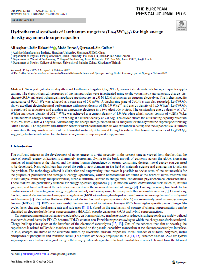 Hydrothermal synthesis of lanthanum tungstate (La2(WO4)3) for high energy density asymmetric supercapacitor