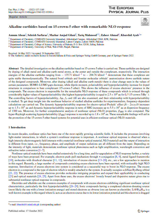 Alkaline earthides based on 15-crown-5 ether with remarkable NLO response