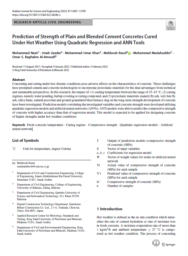 Prediction of Strength of Plain and Blended Cement Concretes Cured Under Hot Weather Using Quadratic Regression and ANN Tools