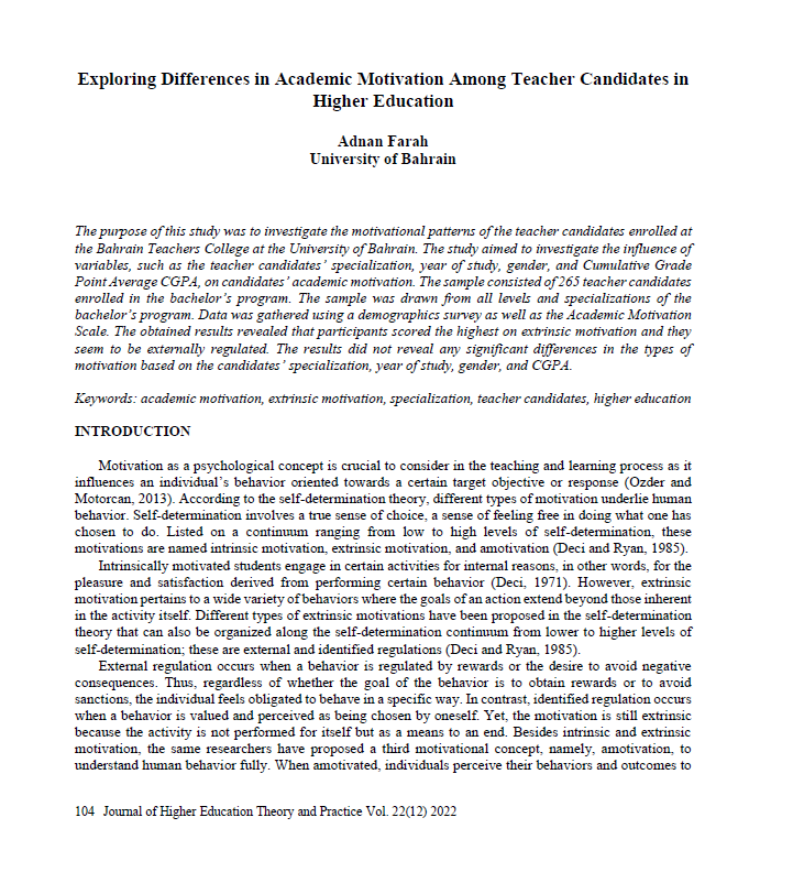 Exploring Differences in Academic Motivation Among Teacher Candidates in Higher Education