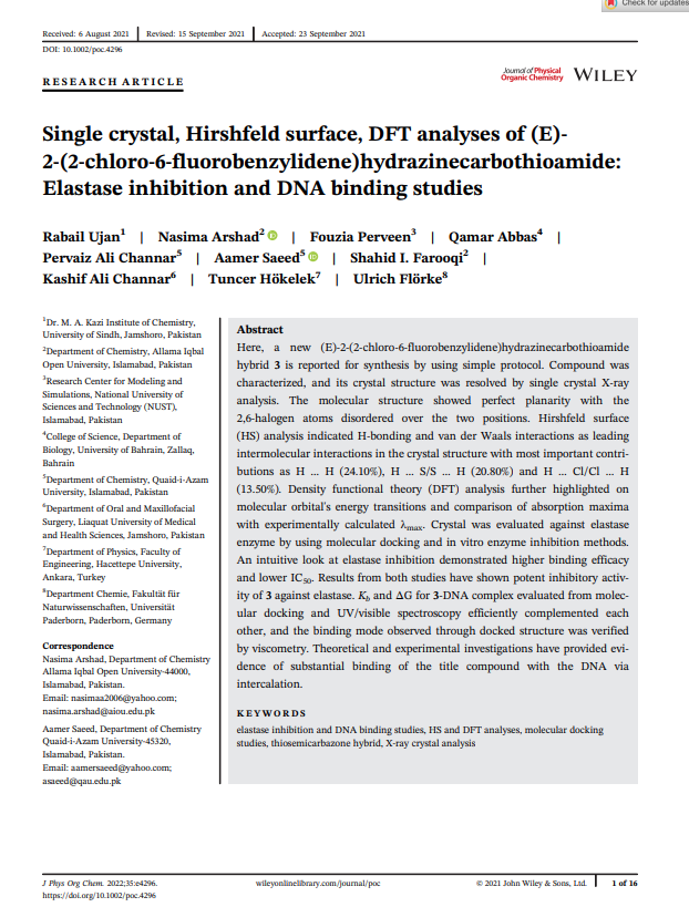 Single crystal, Hirshfeld surface, DFT analyses of (E)- 2-(2-chloro-6-fluorobenzylidene)hydrazinecarbothioamide: Elastase inhibition and DNA binding studies