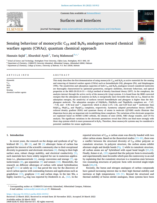Sensing behaviour of monocyclic C18 and B9N9 analogues toward chemical  warfare agents (CWAs); quantum chemical approach