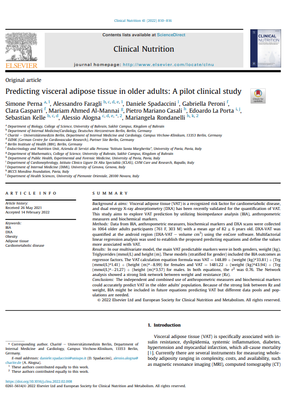 Predicting visceral adipose tissue in older adults: A pilot clinical study