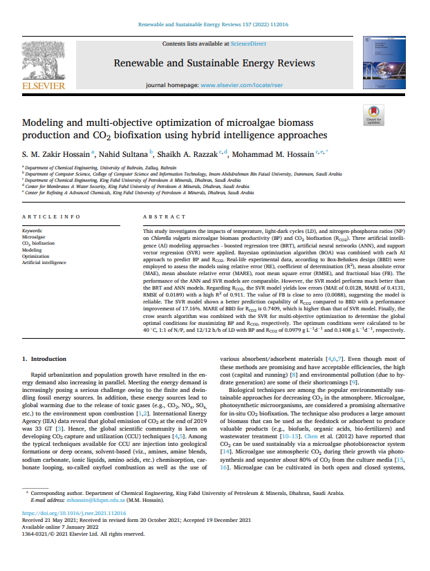 Modeling and multi-objective optimization of microalgae biomass  production and CO2 biofixation using hybrid intelligence approaches