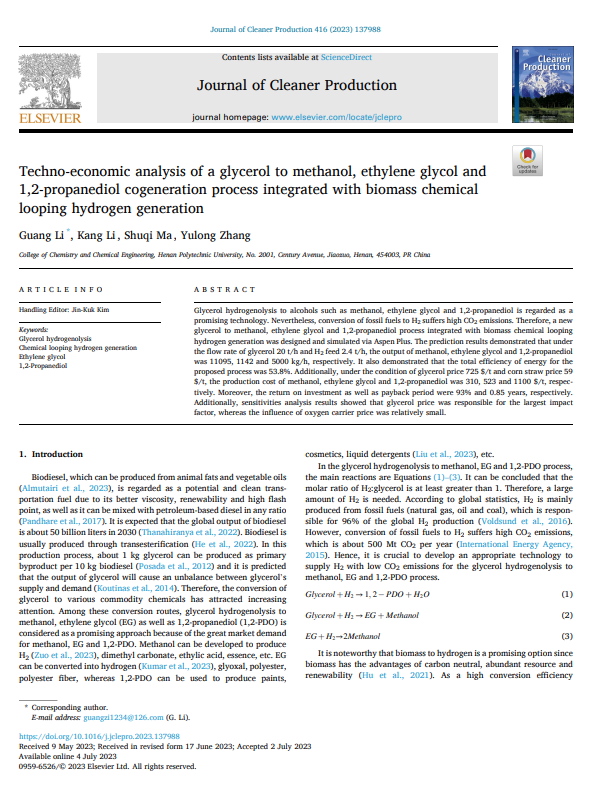 Techno-economic analysis of a glycerol to methanol, ethylene glycol and  1,2-propanediol cogeneration process integrated with biomass chemical  looping hydrogen generation