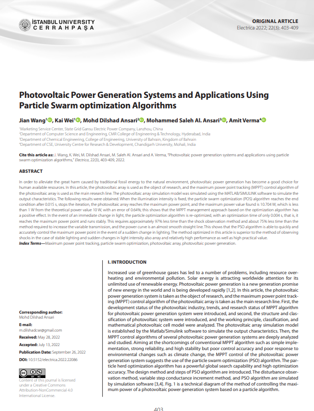 Photovoltaic Power Generation Systems and Applications Using Particle Swarm optimization Algorithms 