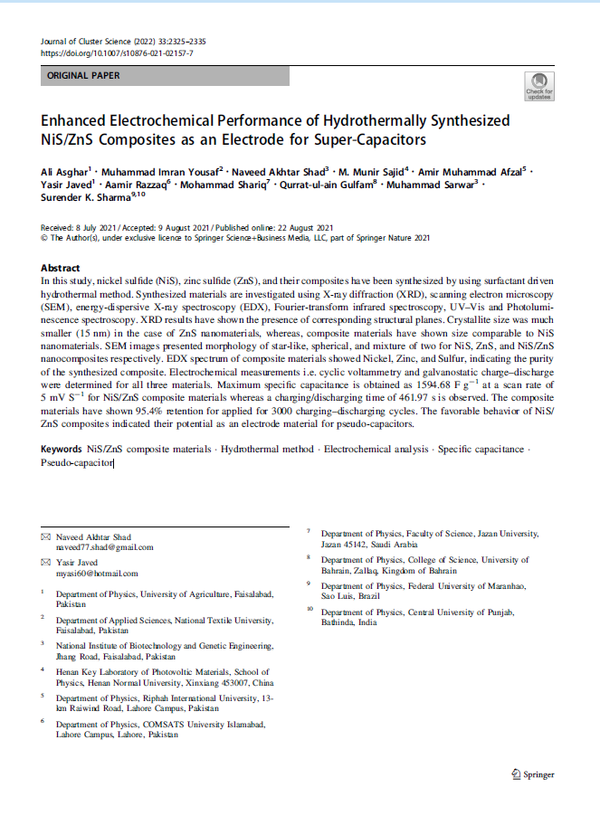 Enhanced Electrochemical Performance of Hydrothermally Synthesized NiS/ZnS Composites as an Electrode for Super-Capacitors