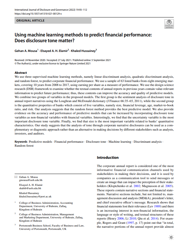 Using machine learning methods to predict fnancial performance:  Does disclosure tone matter?