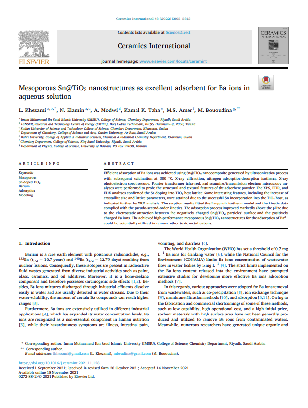 Mesoporous Sn@TiO2 nanostructures as excellent adsorbent for Ba ions in  aqueous solution