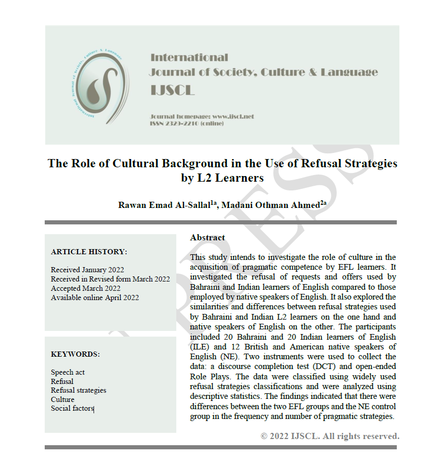 The Role of Cultural Background in the Use of Refusal Strategies ‎by L2 Learners