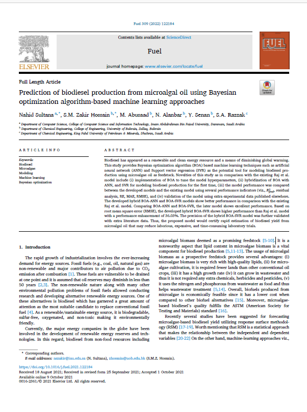 Prediction of biodiesel production from microalgal oil using Bayesian optimization algorithm-based machine learning approaches