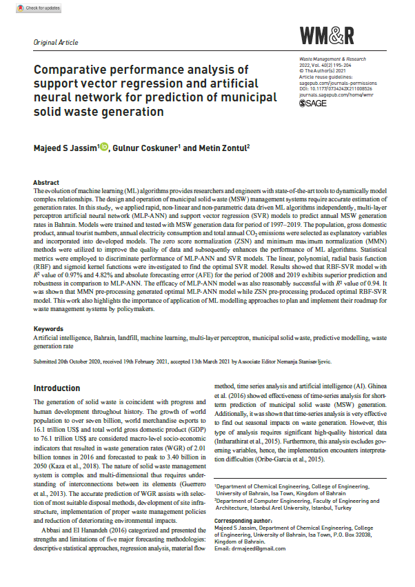 Comparative performance analysis of support vector regression and artificial neural network for prediction of municipal solid waste generation