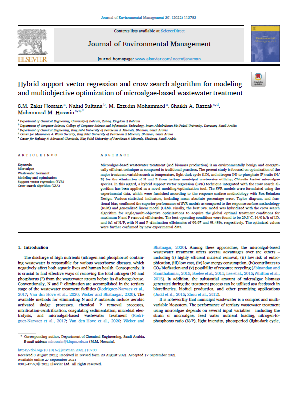Hybrid support vector regression and crow search algorithm for modeling and multiobjective optimization of microalgae-based wastewater treatment