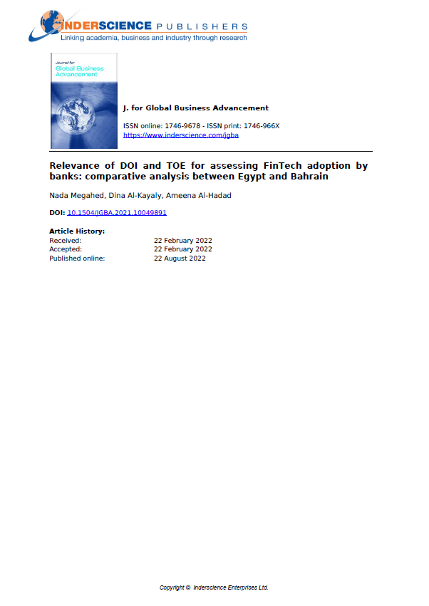 Relevance of DOI and TOE for assessing FinTech adoption by banks: comparative analysis between Egypt and Bahrain