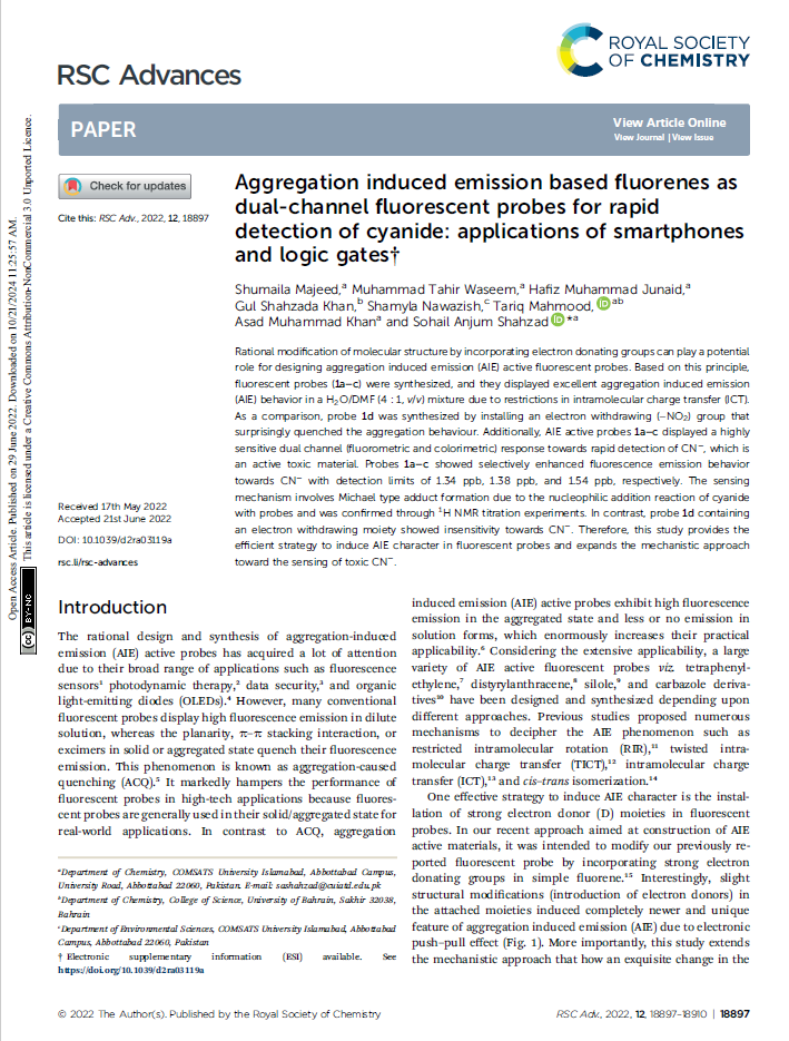 Aggregation induced emission based fluorenes as dual-channel fluorescent probes for rapid detection of cyanide: applications of smartphones and logic gates