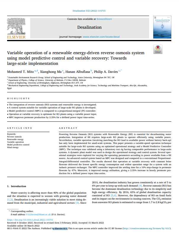 Variable operation of a renewable energy-driven reverse osmosis system using model predictive control and variable recovery: Towards large-scale implementation