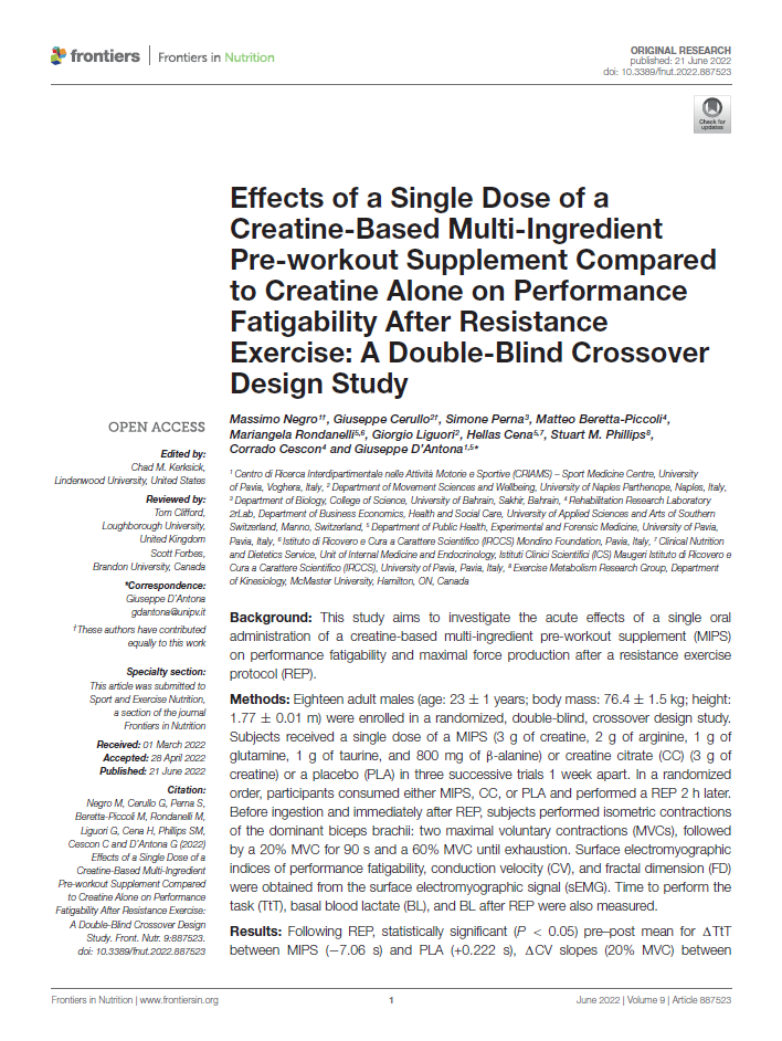 Effects of a Single Dose of a Creatine-Based Multi-Ingredient Pre-workout Supplement Compared to Creatine Alone on Performance Fatigability After Resistance Exercise: A Double-Blind Crossover Design Study