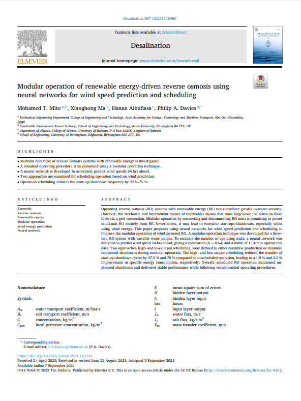 Modular operation of renewable energy-driven reverse osmosis using neural networks for wind speed prediction and scheduling 