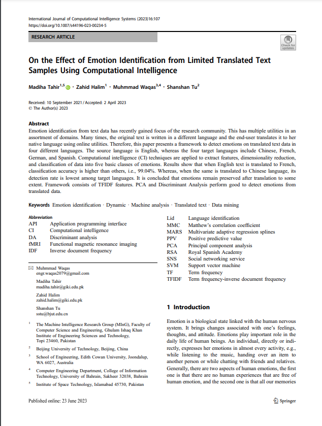 On the Effect of Emotion Identification from Limited Translated Text Samples Using Computational Intelligence