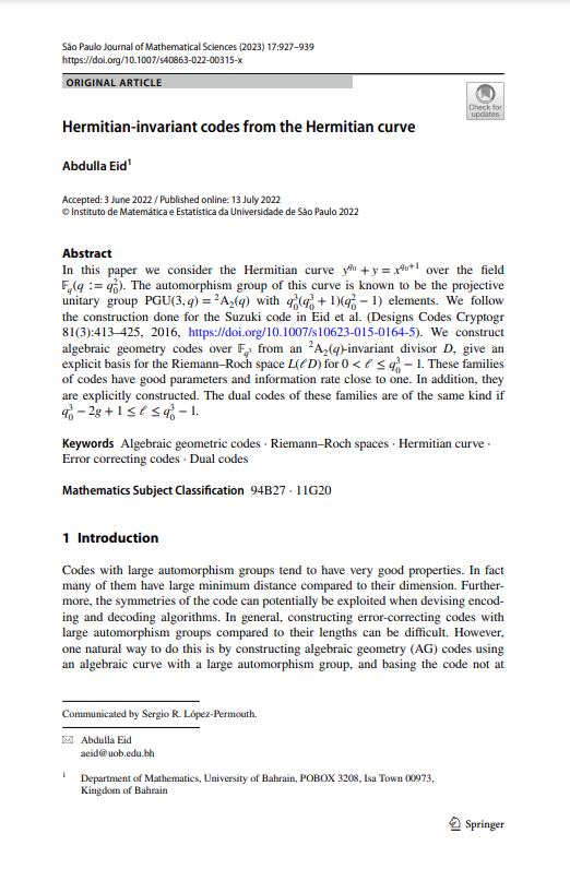 Hermitian‑invariant codes from the Hermitian curve