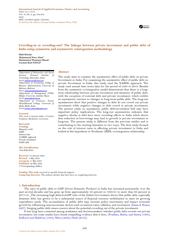 Crowding-in or crowding-out? The linkage between private investment and public debt of India using symmetric and asymmetric cointegration methodology 
