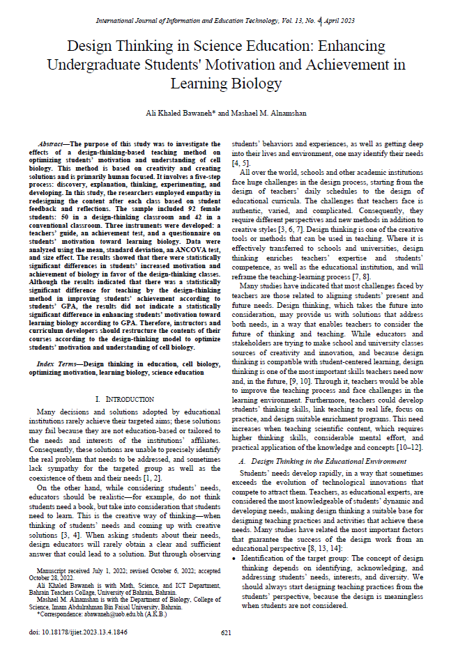 Design Thinking in Science Education: Enhancing Undergraduate Students' Motivation and Achievement in Learning Biology