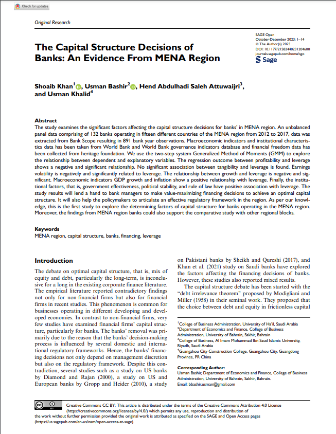The Capital Structure Decisions of Banks: An Evidence From MENA Region