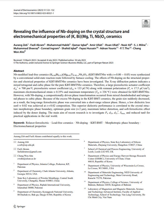 Revealing the influence of Nb-doping on the crystal structure and electromechanical properties of (K, Bi)(Mg, Ti, Nb)O3 ceramics
