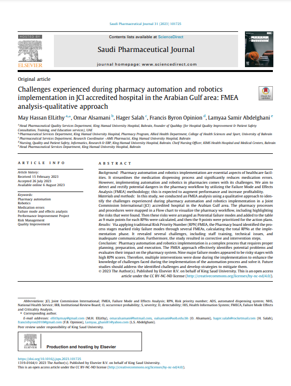 Challenges experienced during pharmacy automation and robotics implementation in JCI accredited hospital in the Arabian Gulf area: FMEA analysis-qualitative approach