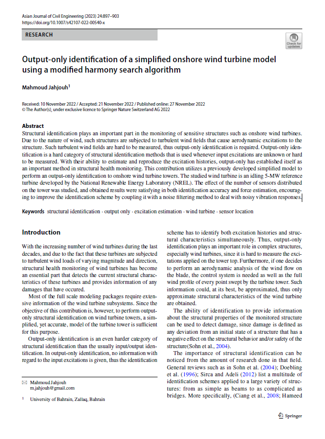 Output-only identification of a simplified onshore wind turbine model using a modified harmony search algorithm