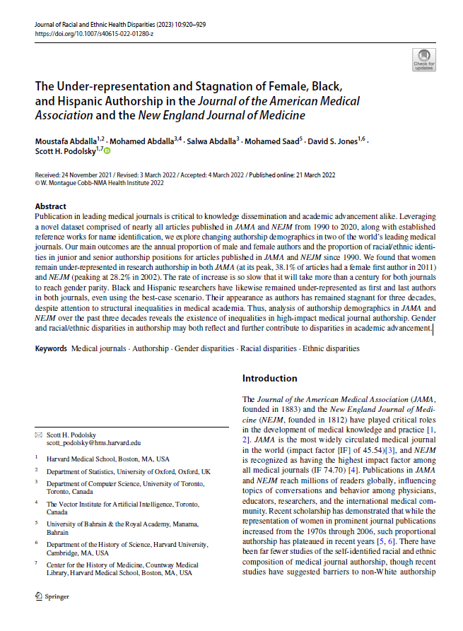 The Under-representation and Stagnation of Female, Black, and Hispanic Authorship in the Journal of the American Medical Association and the New England Journal of Medicine