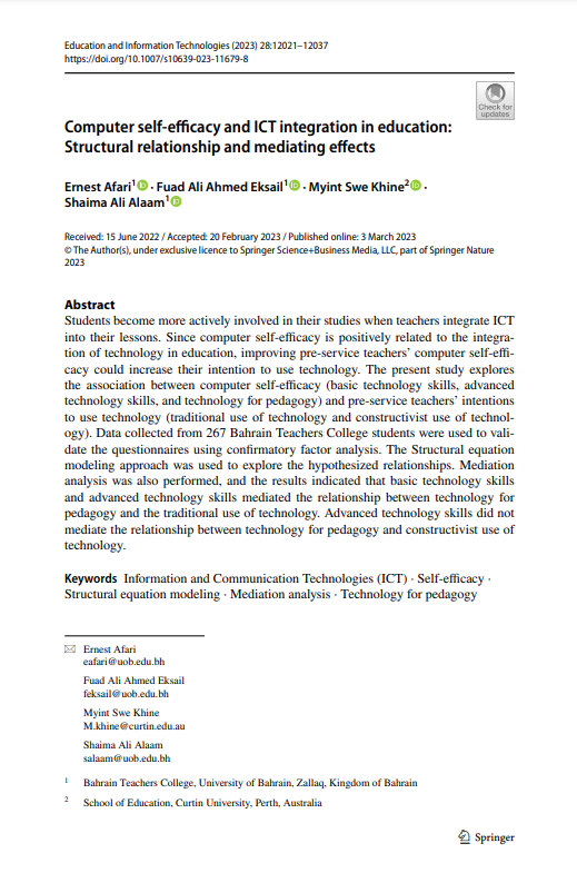 Computer self‑efcacy and ICT integration in education: Structural relationship and mediating efects