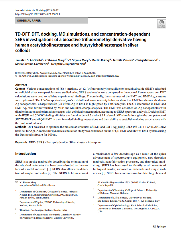 TD‑DFT, DFT, docking, MD simulations, and concentration‑dependent SERS investigations of a bioactive trifuoromethyl derivative having human acetylcholinesterase and butyrylcholinesterase in silver colloids