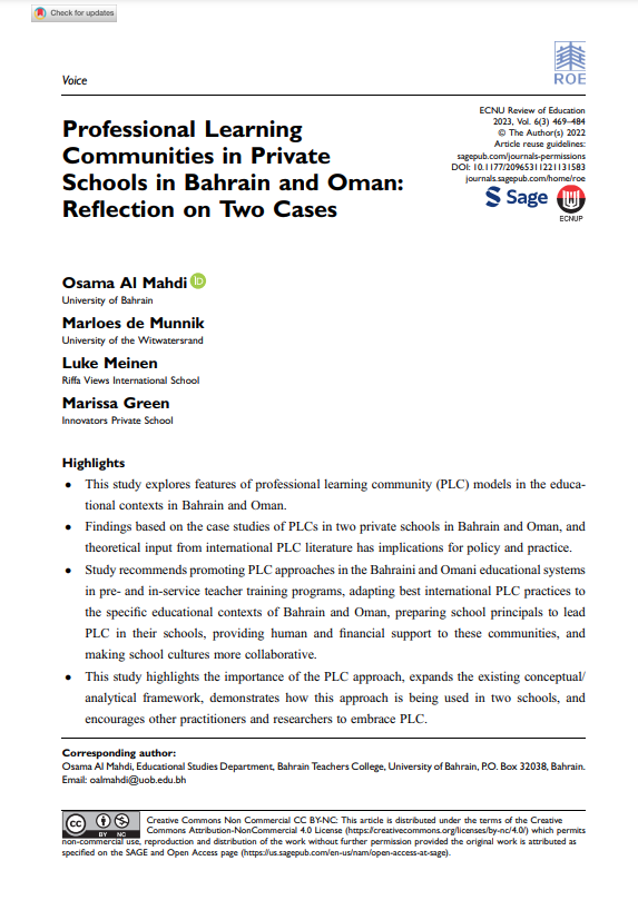 Professional Learning Communities in Private Schools in Bahrain and Oman: Reflection on Two Cases