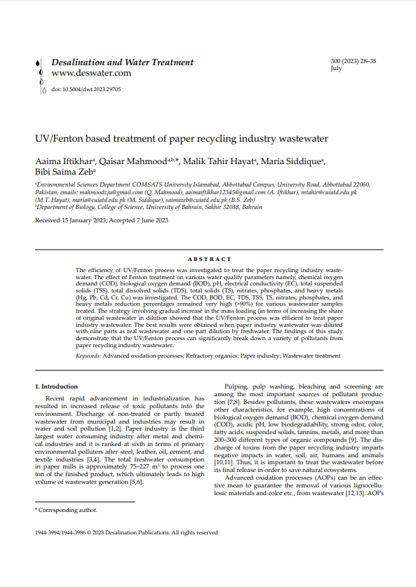 UV/Fenton based treatment of paper recycling industry wastewater