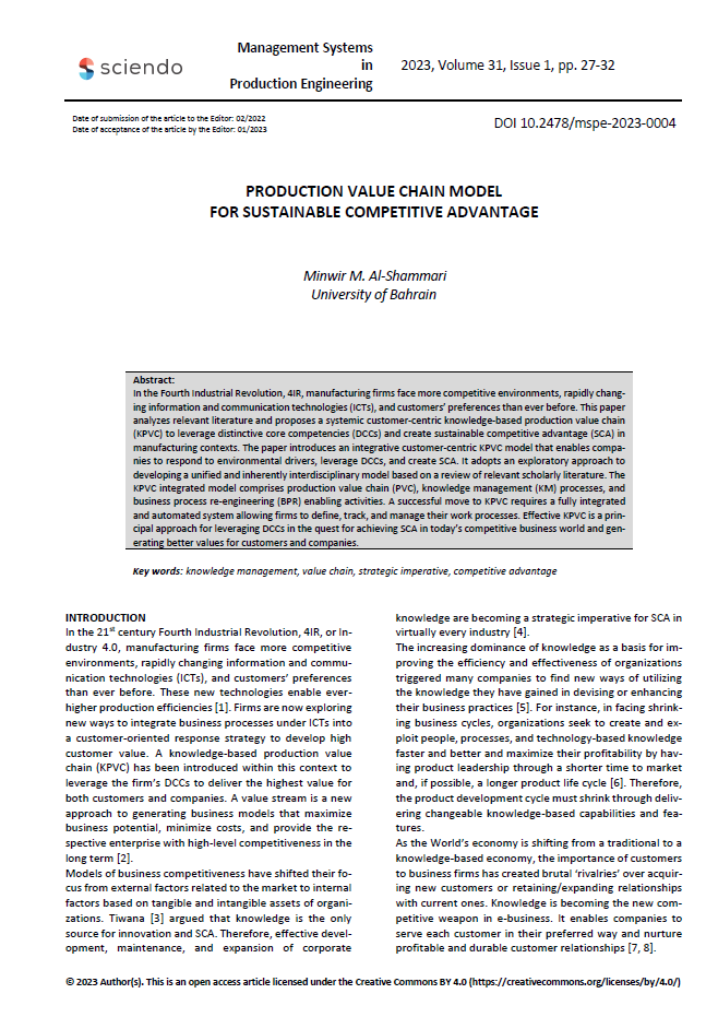 Production Value Chain Model for Sustainable Competitive Advantage