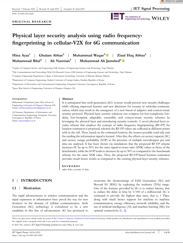 Physical layer security analysis using radio frequency‐ fingerprinting in cellular‐V2X for 6G communication