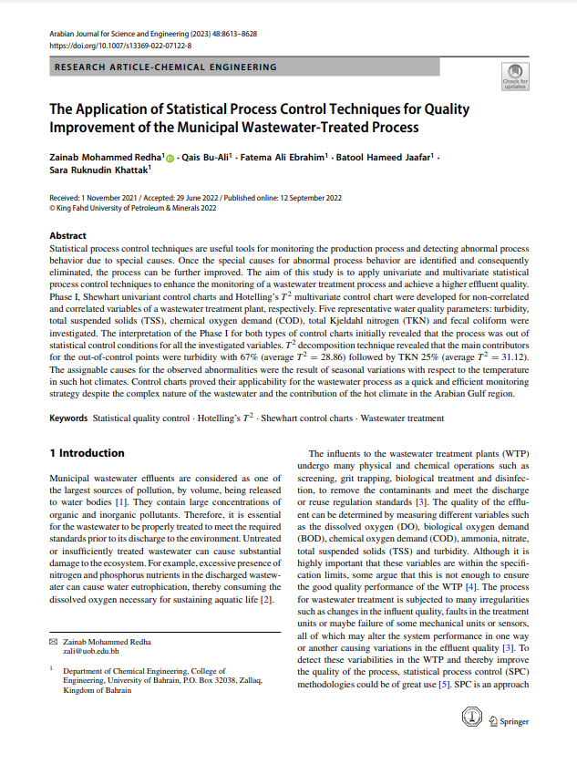 The Application of Statistical Process Control Techniques for Quality Improvement of the Municipal Wastewater-Treated Process