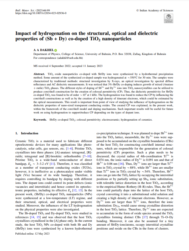Impact of hydrogenation on the structural, optical and dielectric properties of (Sb + Dy) co-doped TiO2 nanoparticles