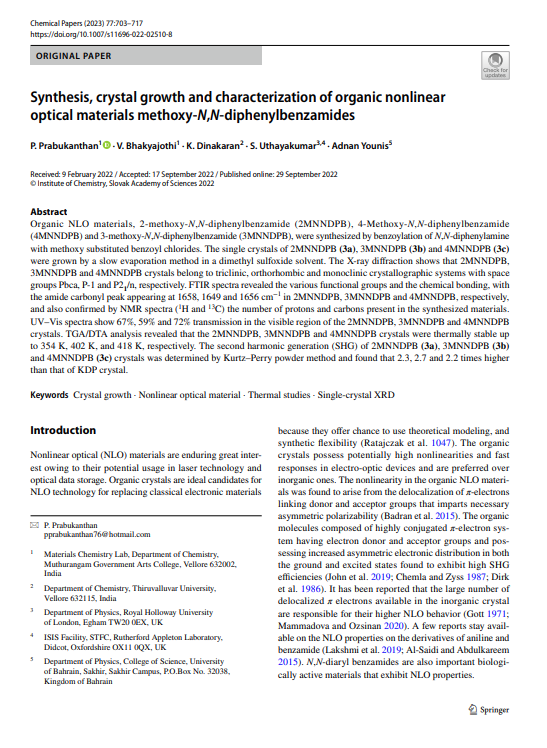 Synthesis, crystal growth and characterization of organic nonlinear optical materials methoxy‑N,N‑diphenylbenzamides