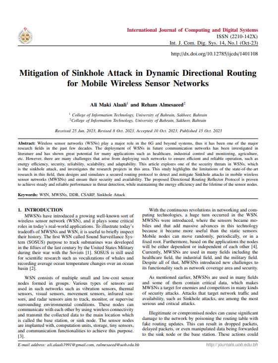 Mitigation of Sinkhole Attack in Dynamic Directional Routing for Mobile Wireless Sensor Networks