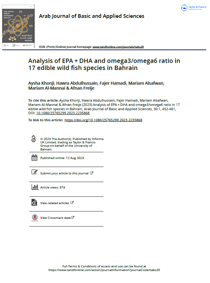 Analysis of EPA + DHA and omega3/omega6 ratio in 17 edible wild fish species in Bahrain 